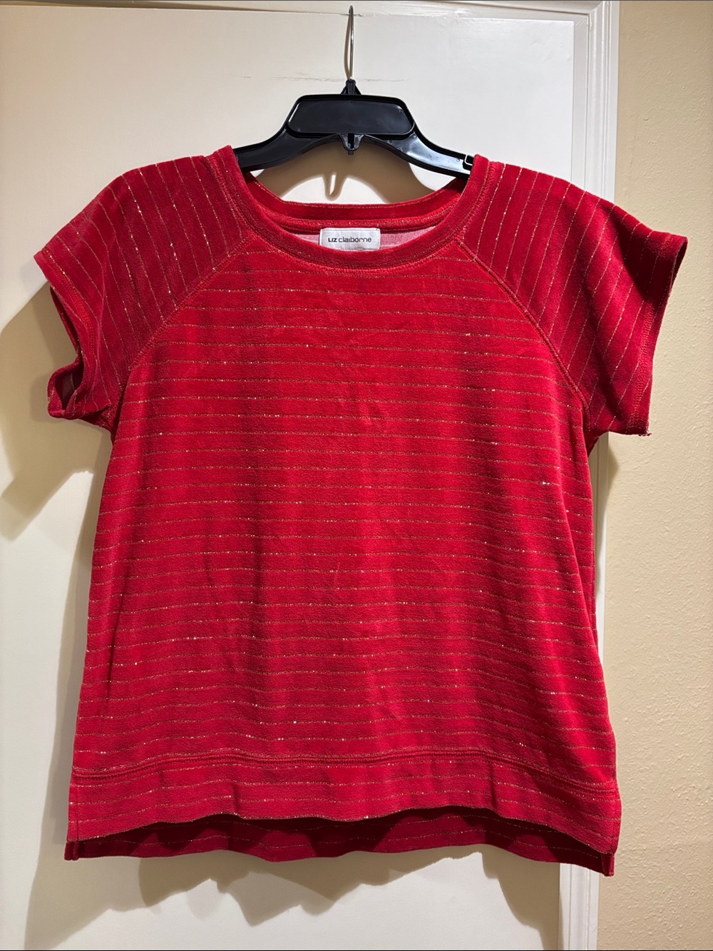 Liz Claiborne Red Short Sleeve Tee with Gold Sparkle Stripes